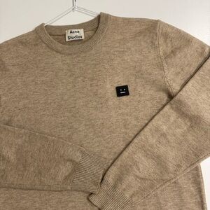 Acne Studios Mens Face Logo Wool Blend Pullover Sweater Beige Size S